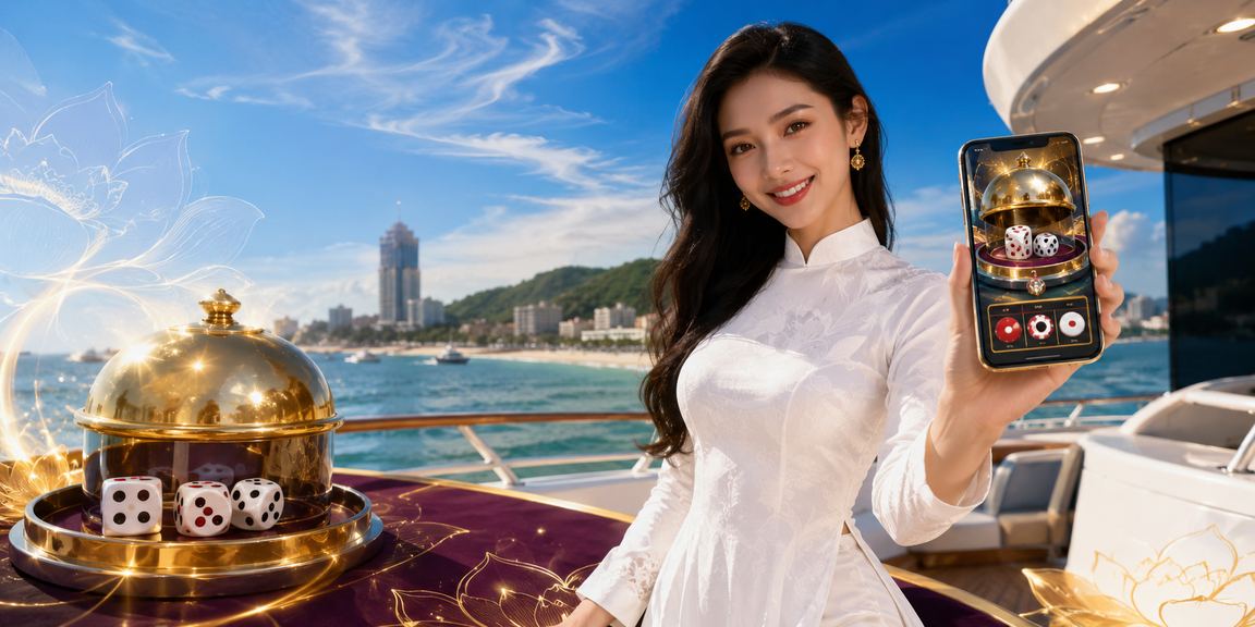 Cô gái mặc áo dài tại Vũng Tàu chơi tài xỉu trên điện thoại bên bờ biển